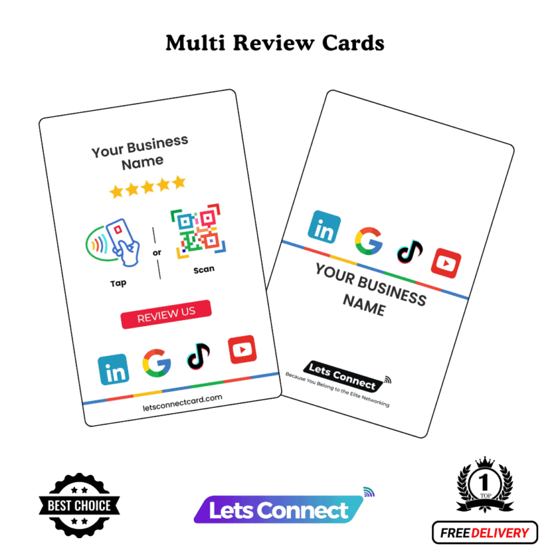Multi Review Card with NFC & QR Code — Multi Review NFC card — collect reviews on Google, TripAdvisor and Trustpilot